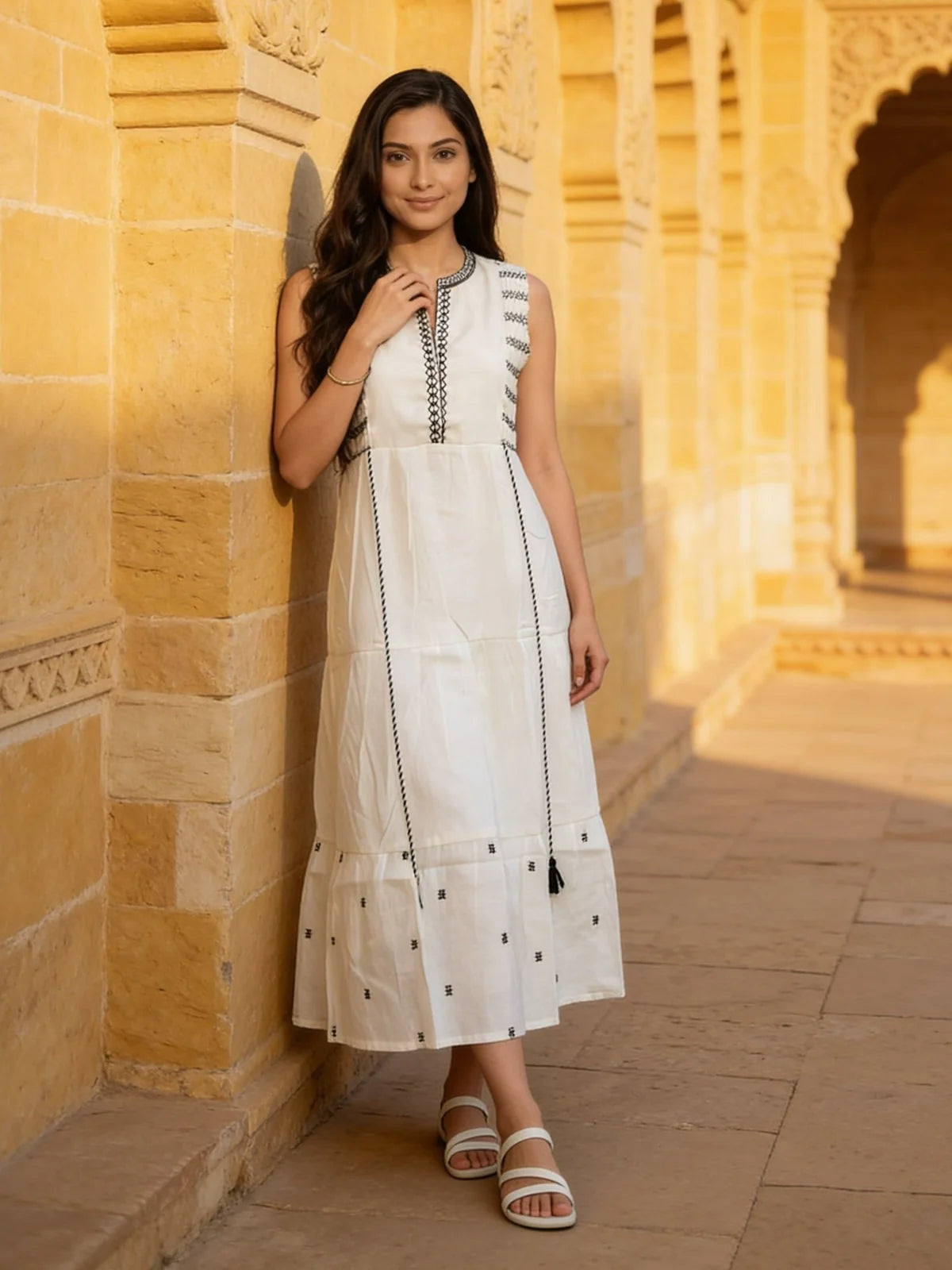 Buy Poly Viscose Embroidered Tiered Calf Length Dress-White