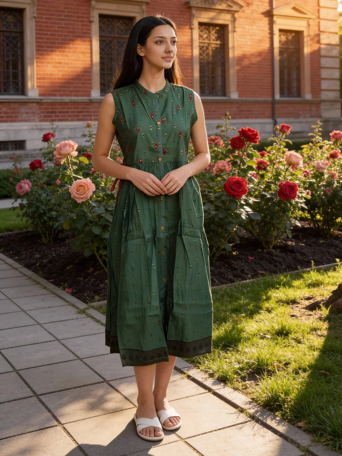 Buy Poly Viscose Embroidered Flared Calf Length Dress-Green