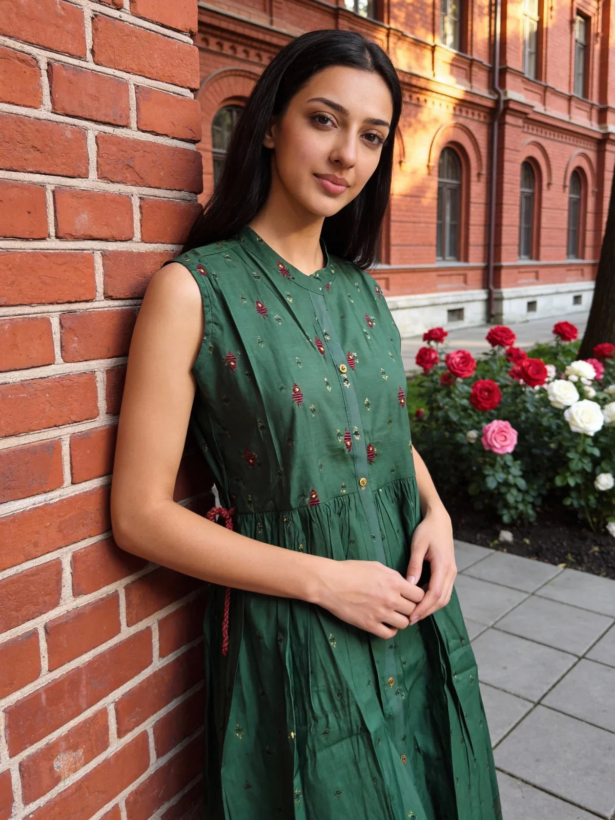 Buy Poly Viscose Embroidered Flared Calf Length Dress-Green