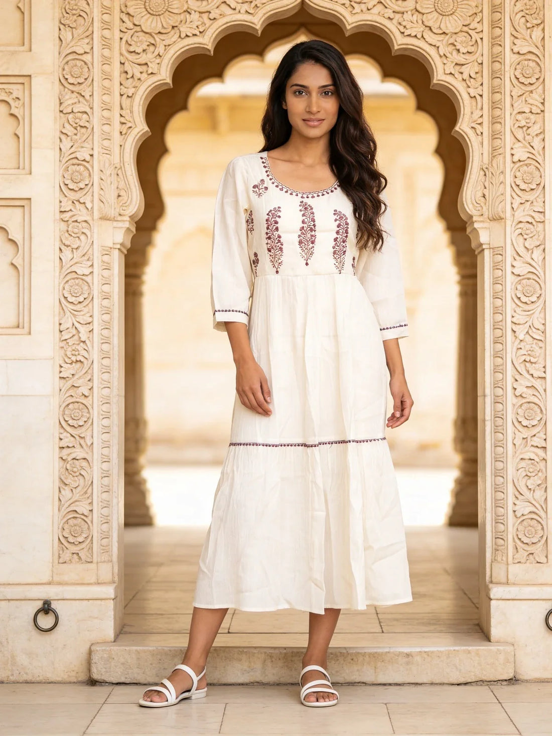 Buy Rayon Embroidered Tiered Calf Length Dress-White