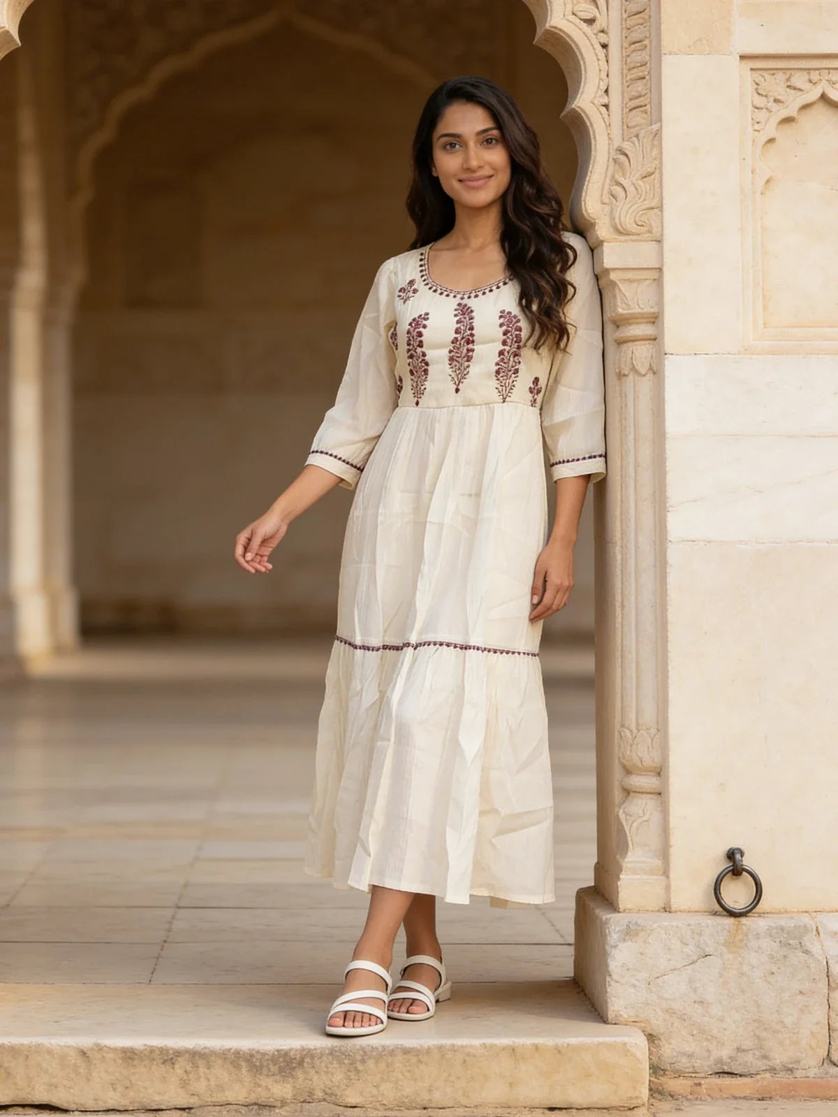 Buy Rayon Embroidered Tiered Calf Length Dress-White