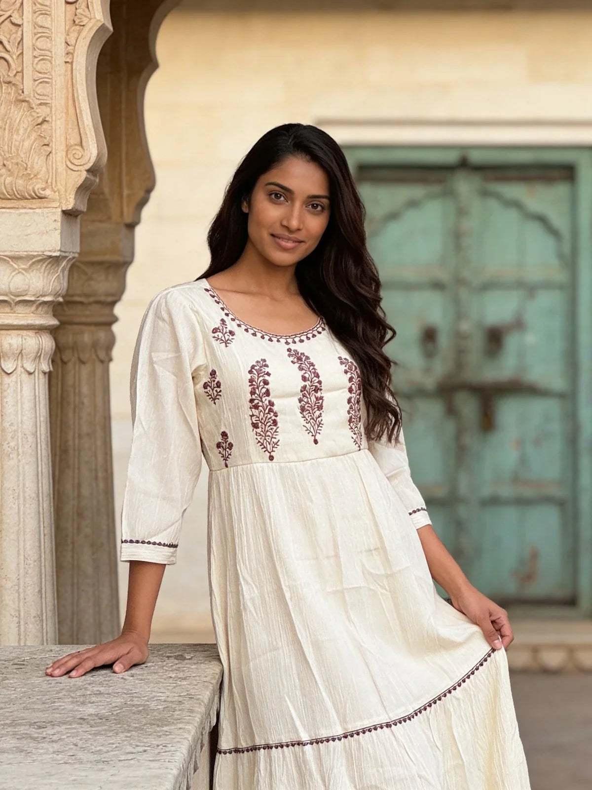 Buy Rayon Embroidered Tiered Calf Length Dress-White