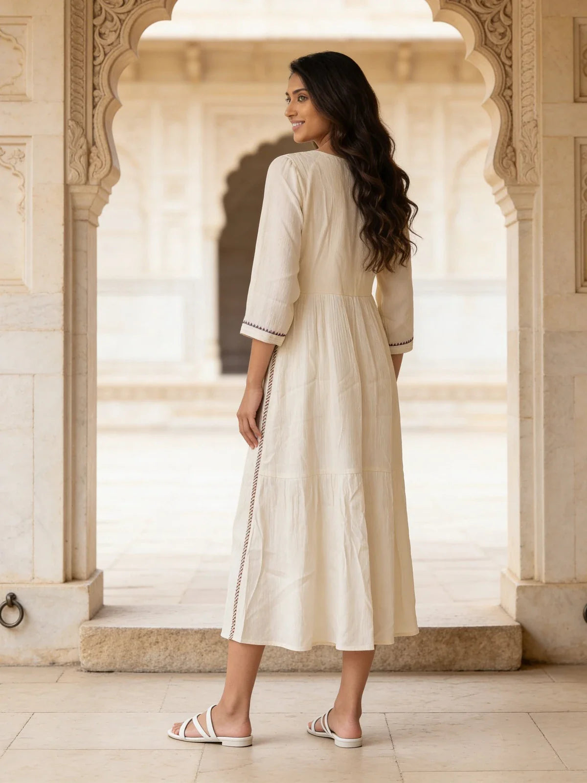Buy Rayon Embroidered Tiered Calf Length Dress-White