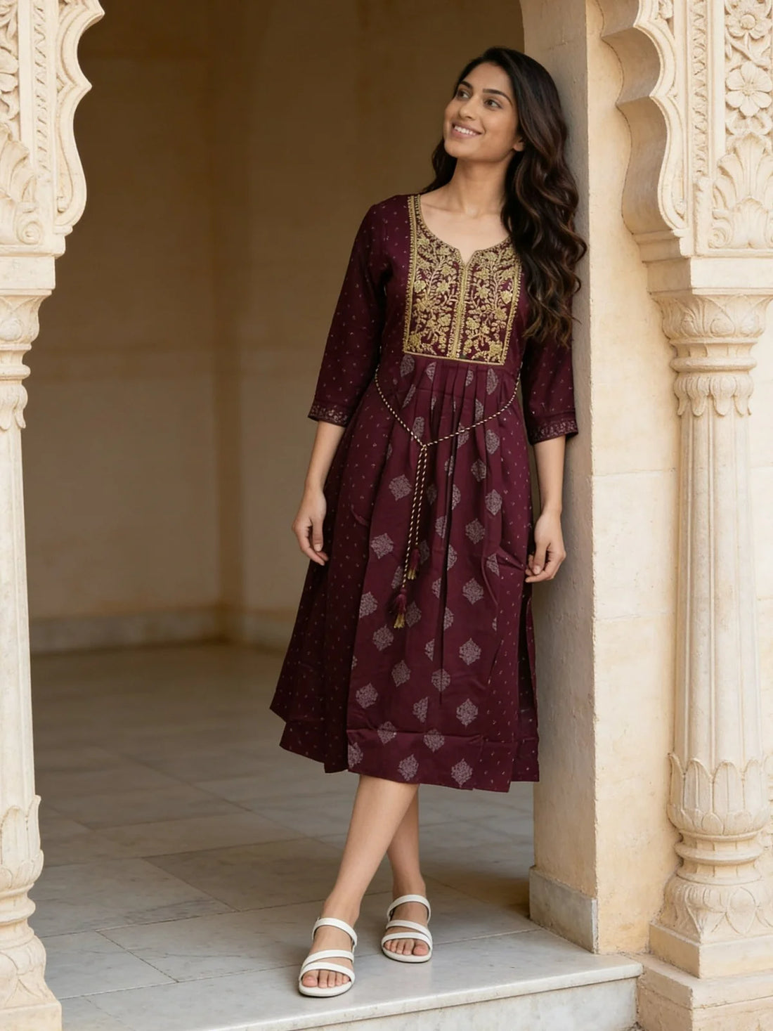 Buy Rayon Embroidered Flared Calf Length Kurta-Maroon