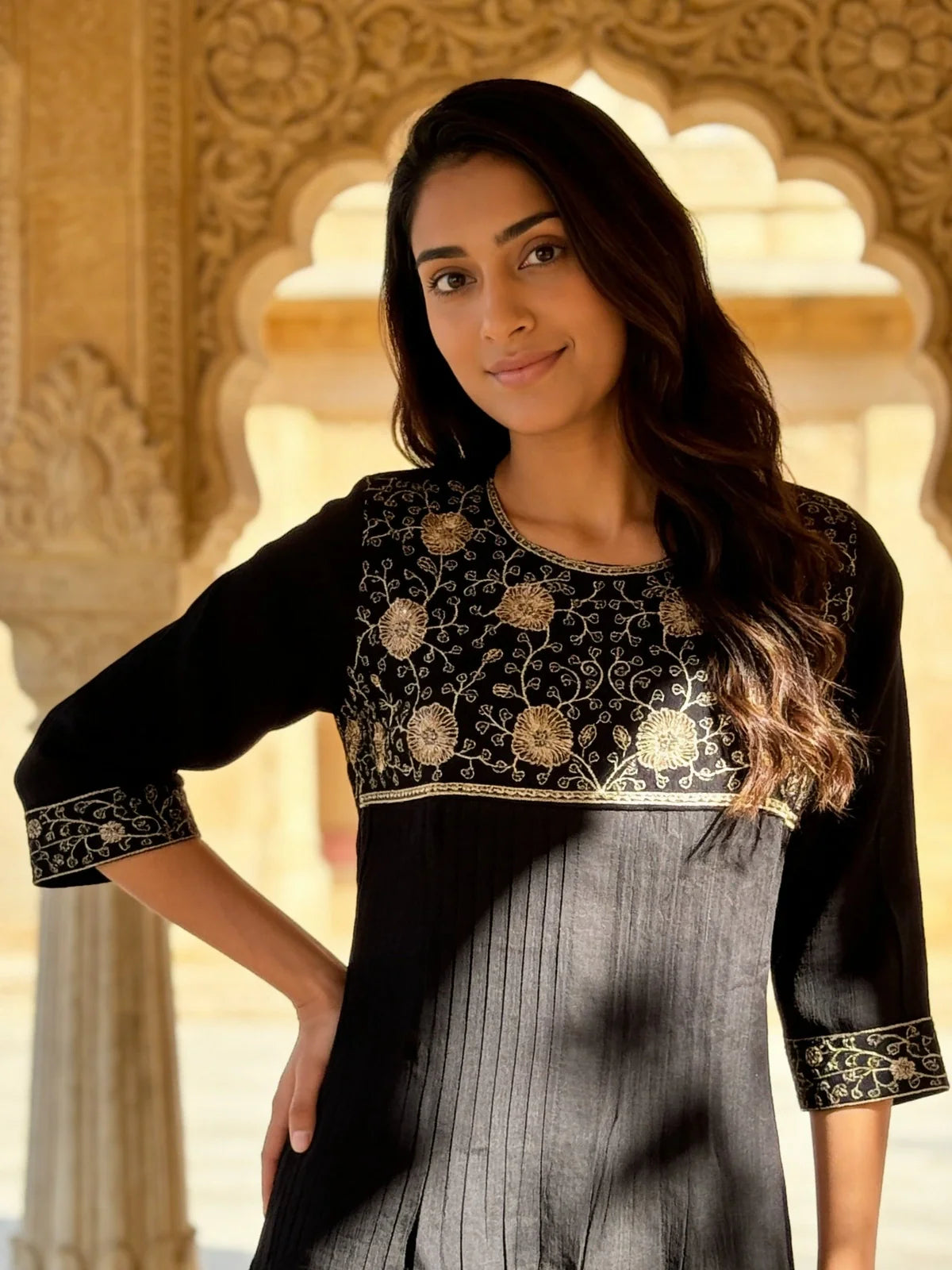 Buy Poly Viscose Embroidered Flared Calf Length Dress-Black