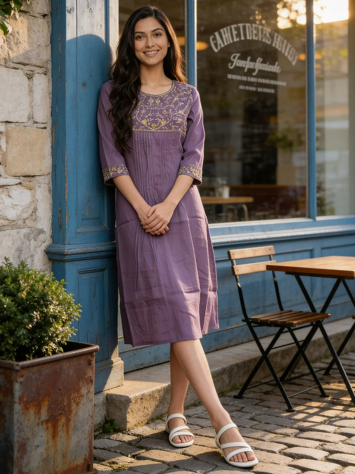 Buy Poly Viscose Embroidered Flared Calf Length Kurta With Pant and Dupatta-Purple