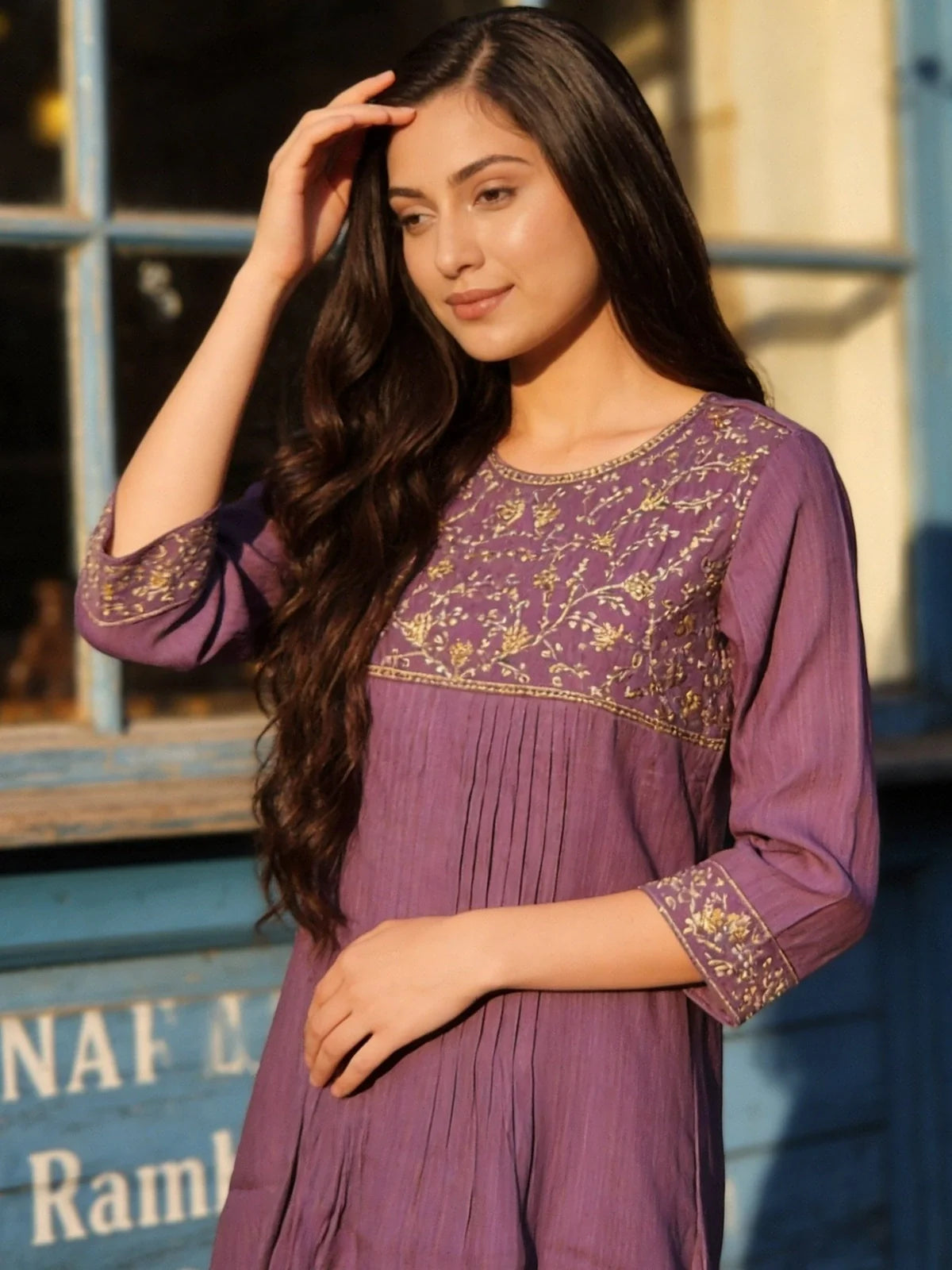 Buy Poly Viscose Embroidered Flared Calf Length Kurta With Pant and Dupatta-Purple