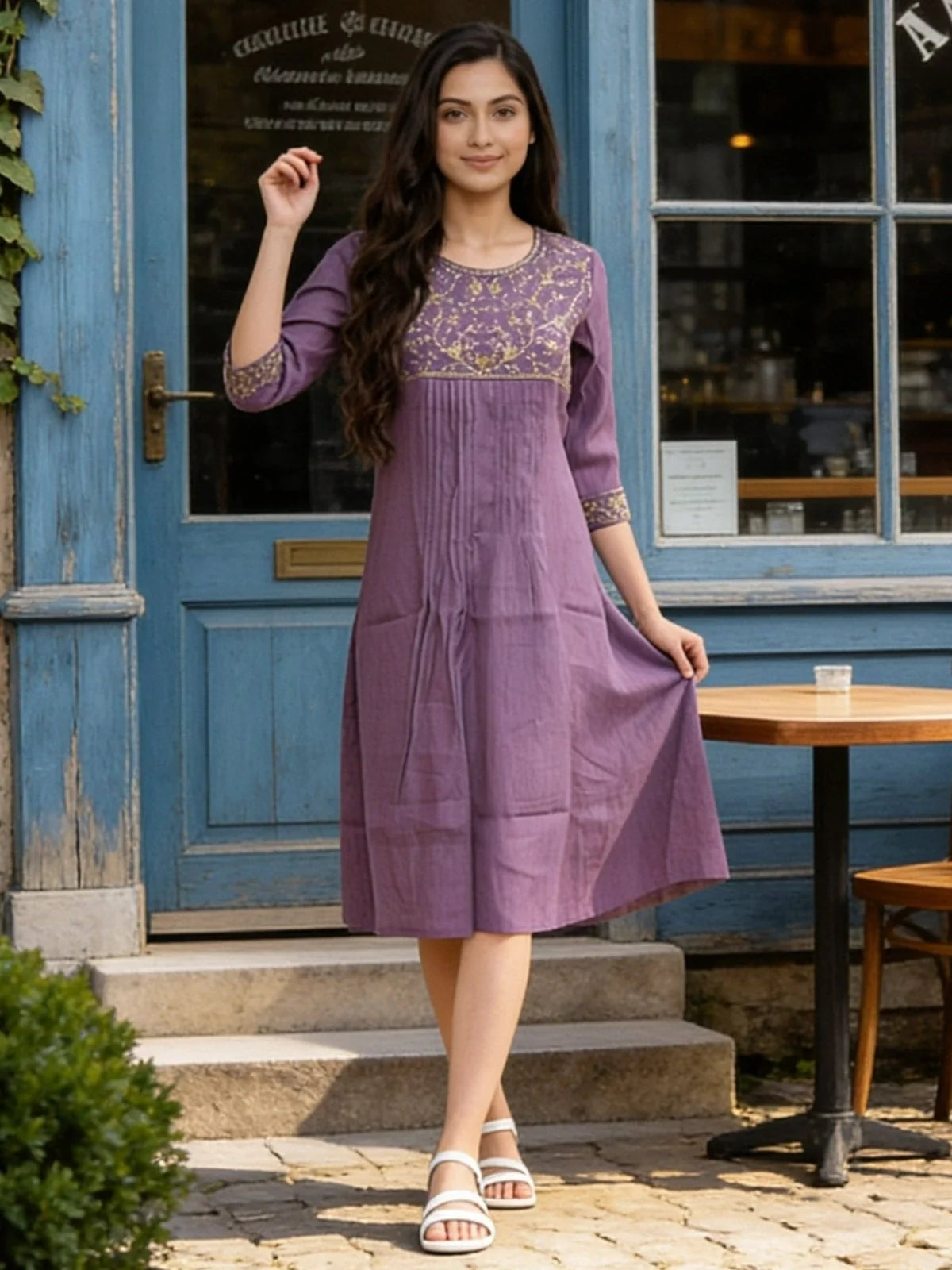 Buy Poly Viscose Embroidered Flared Calf Length Kurta With Pant and Dupatta-Purple