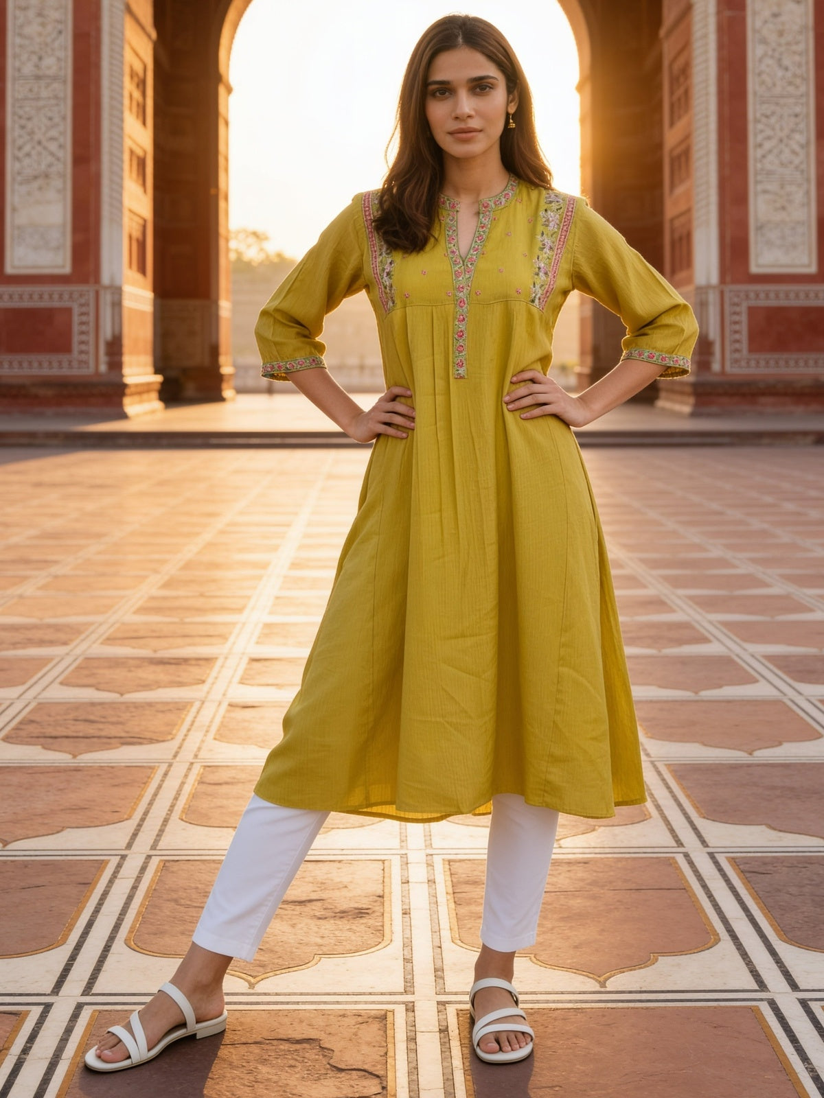Viscose Embroidered Flared Calf Length Dress