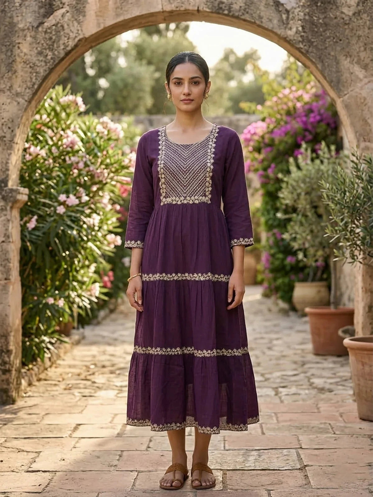 Buy Rayon Embroidered Tiered Calf Length Dress-Wine