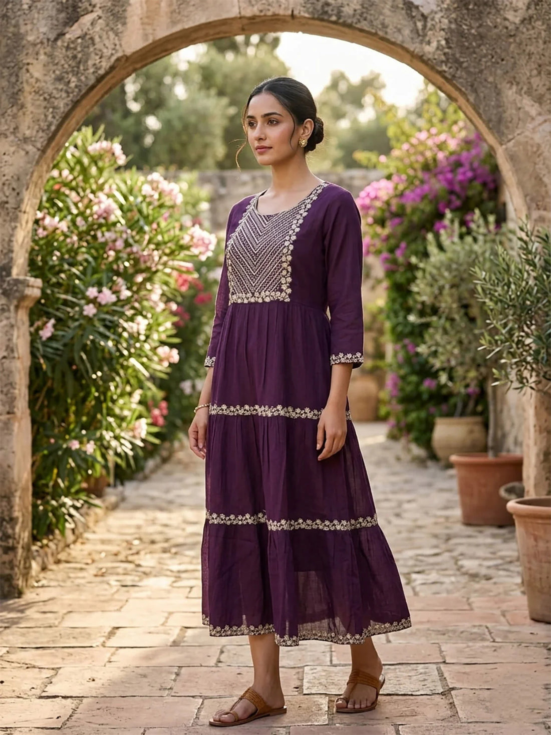 Buy Rayon Embroidered Tiered Calf Length Dress-Wine