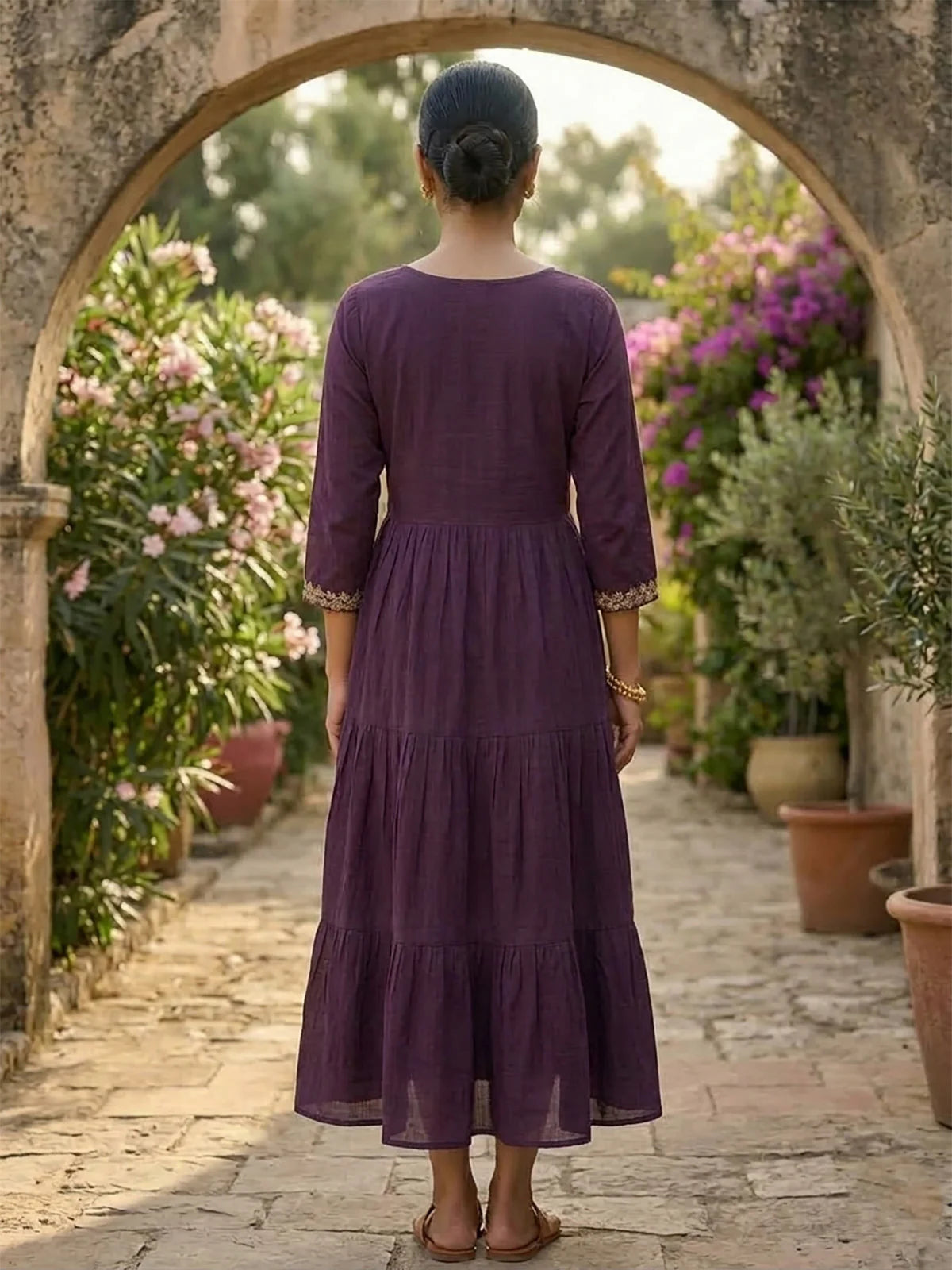 Buy Rayon Embroidered Tiered Calf Length Dress-Wine