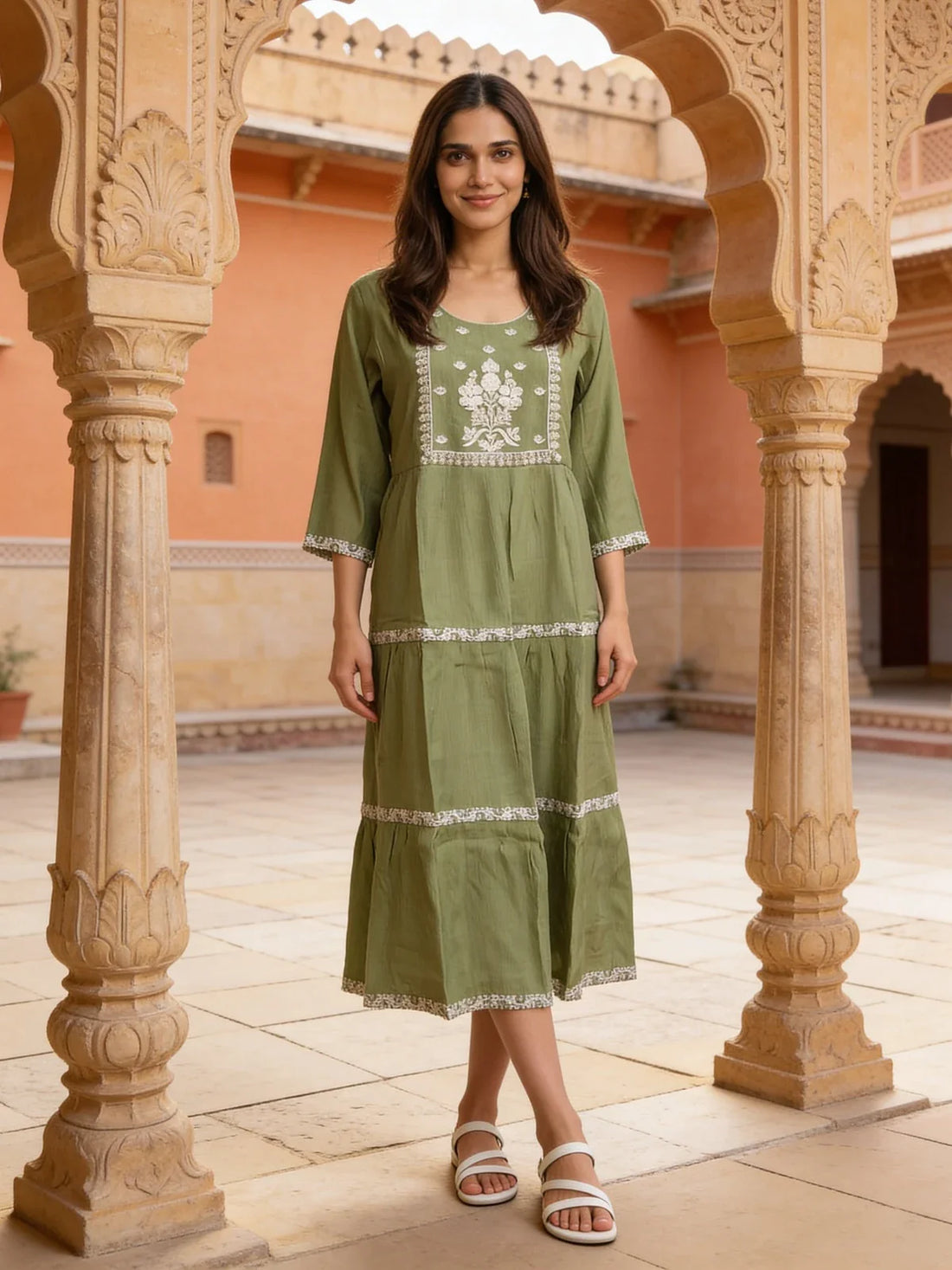 Buy Rayon Embroidered Flared Calf Length Dress-Green