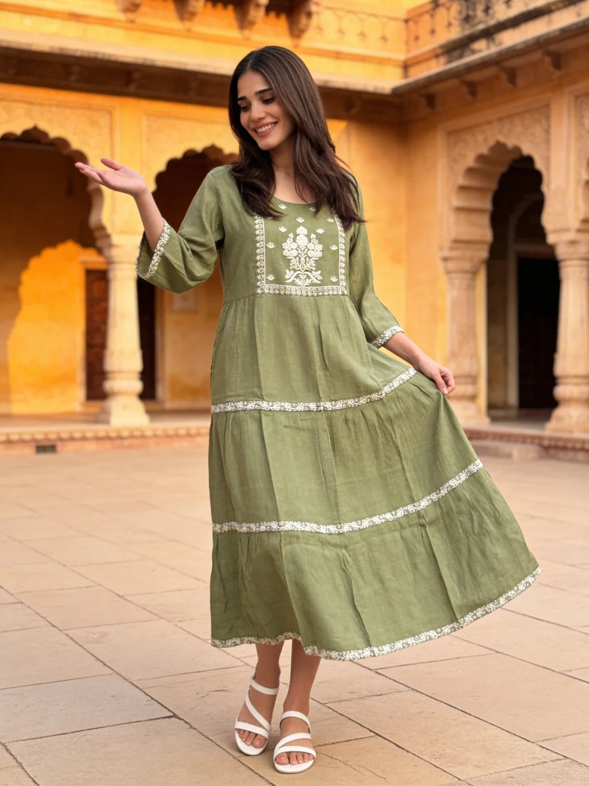 Buy Rayon Embroidered Flared Calf Length Dress-Green