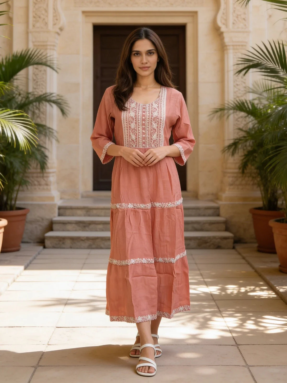 Buy Rayon Embroidered Flared Calf Length Dress-Coral