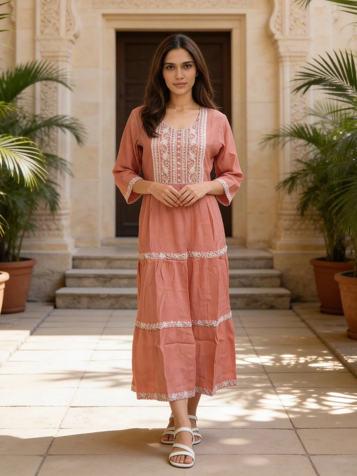 Buy Rayon Embroidered Flared Calf Length Dress-Coral