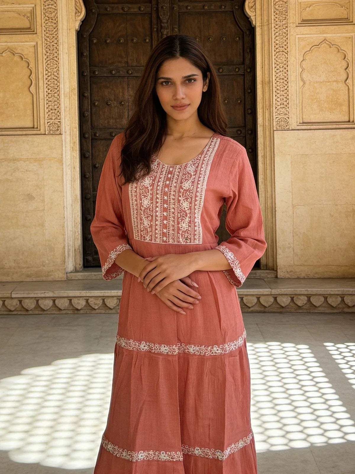 Buy Rayon Embroidered Flared Calf Length Dress-Coral