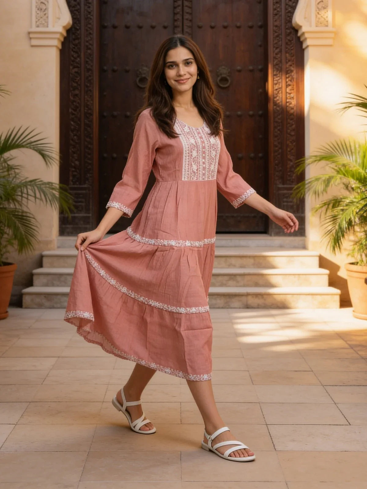 Buy Rayon Embroidered Flared Calf Length Dress-Coral