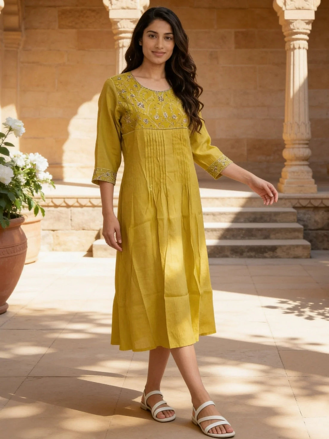 Buy Poly Viscose Embroidered Flared Calf Length Dress-Yellow