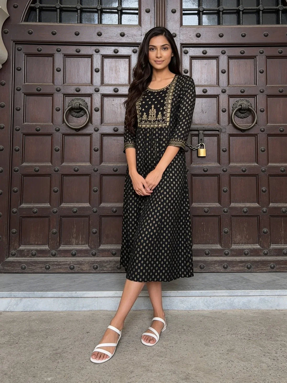 Buy Rayon Embroidered Flared Calf Length Dress-Black