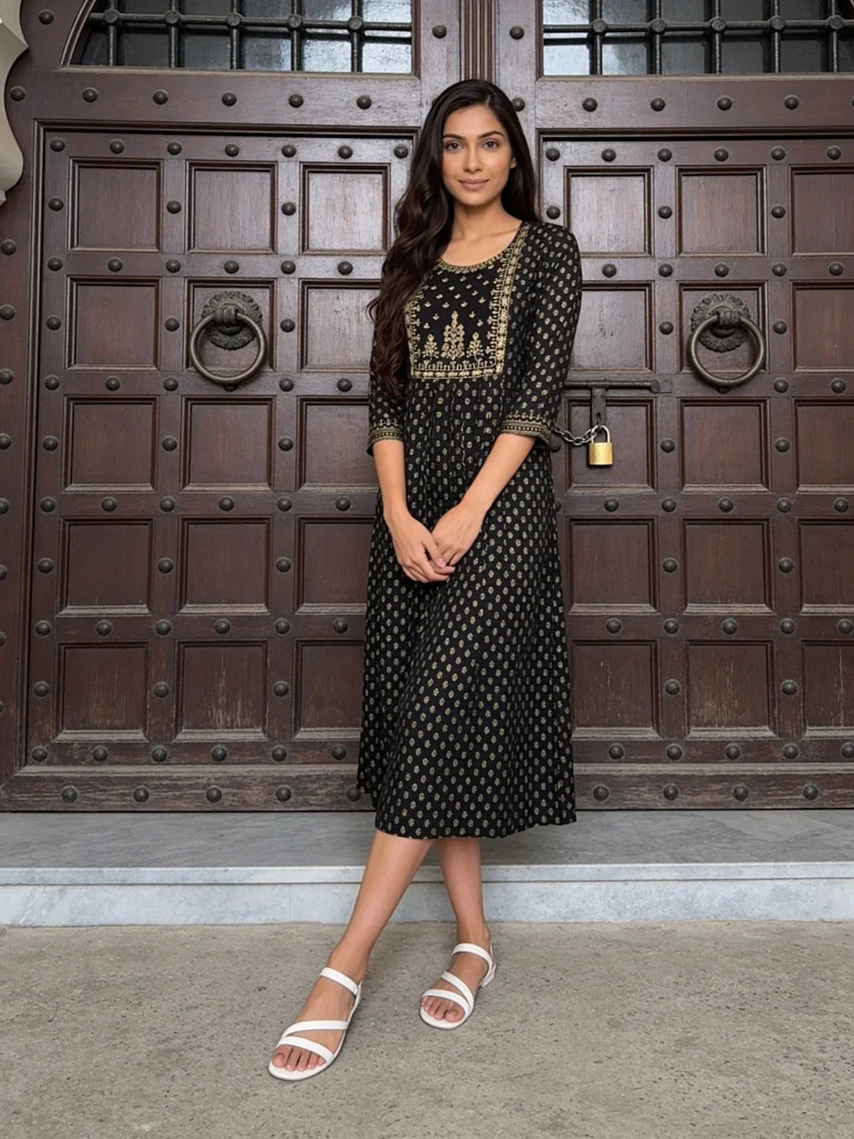 Buy Rayon Embroidered Flared Calf Length Dress-Black