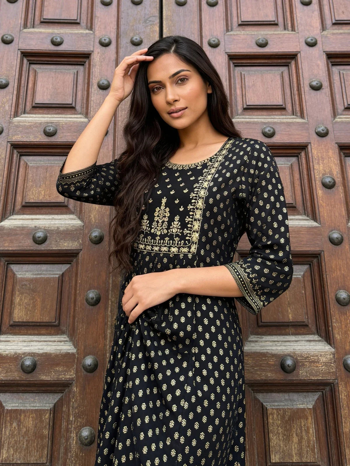 Buy Rayon Embroidered Flared Calf Length Dress-Black