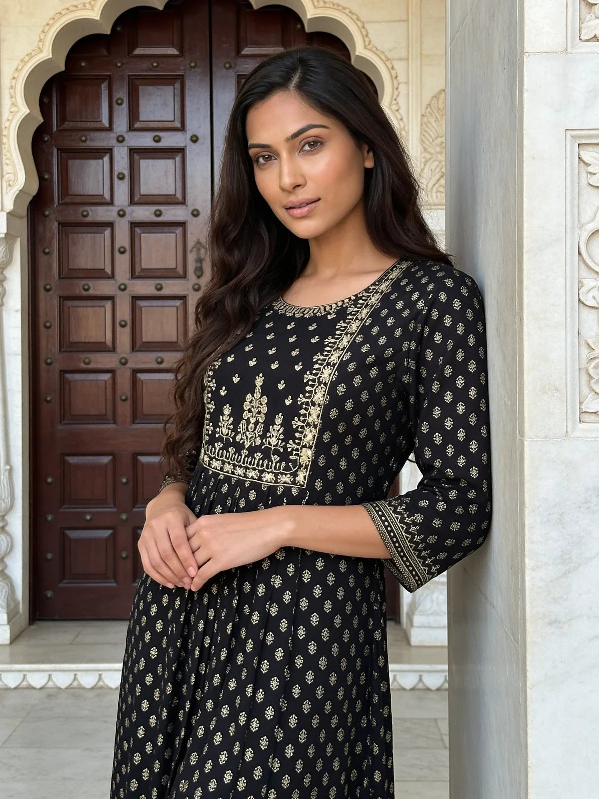 Buy Rayon Embroidered Flared Calf Length Dress-Black