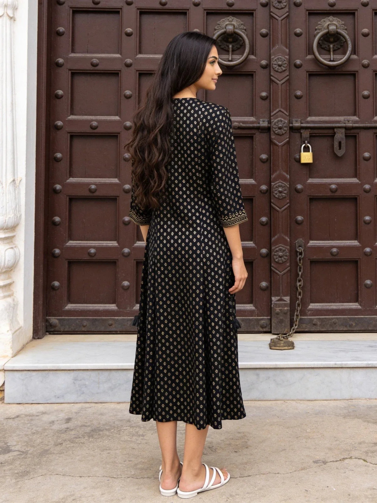 Buy Rayon Embroidered Flared Calf Length Dress-Black