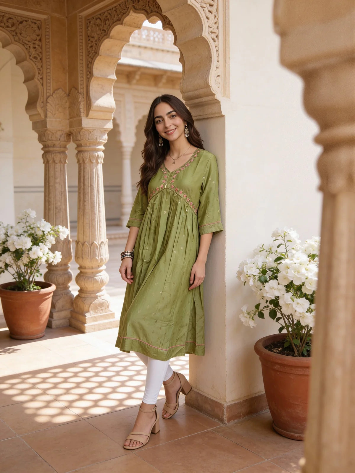 Buy Poly Viscose Embroidered Flared Calf Length Dress-Green