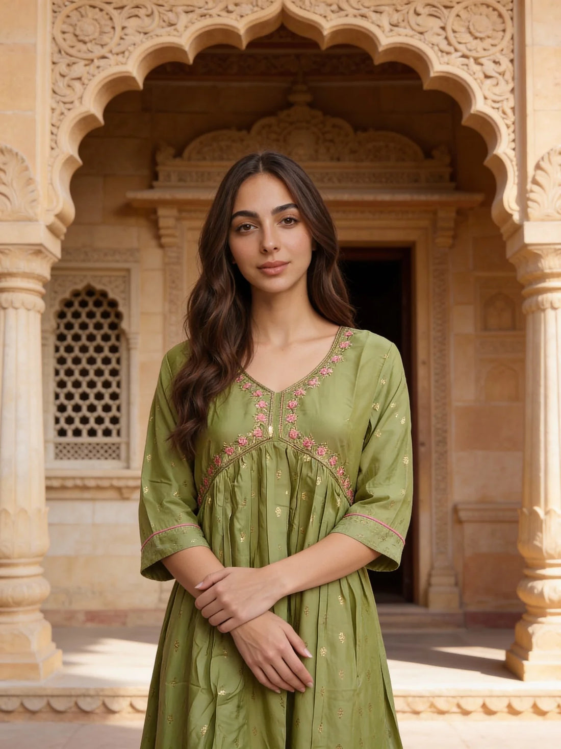 Buy Poly Viscose Embroidered Flared Calf Length Dress-Green