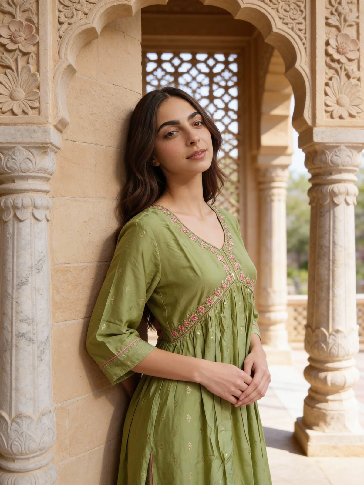 Buy Poly Viscose Embroidered Flared Calf Length Dress-Green