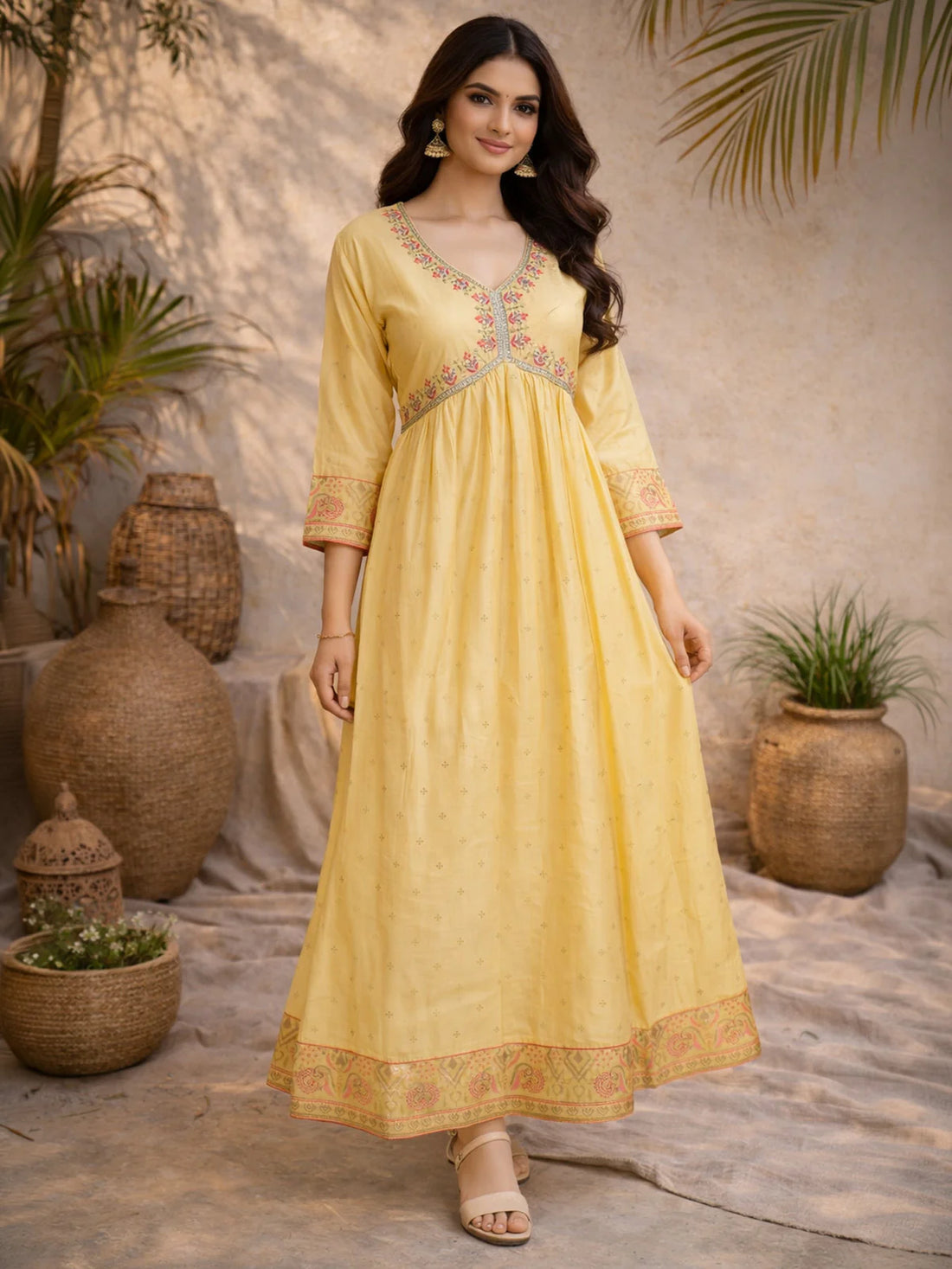 Buy Poly Viscose Embroidered Flared Calf Length Dress-Yellow