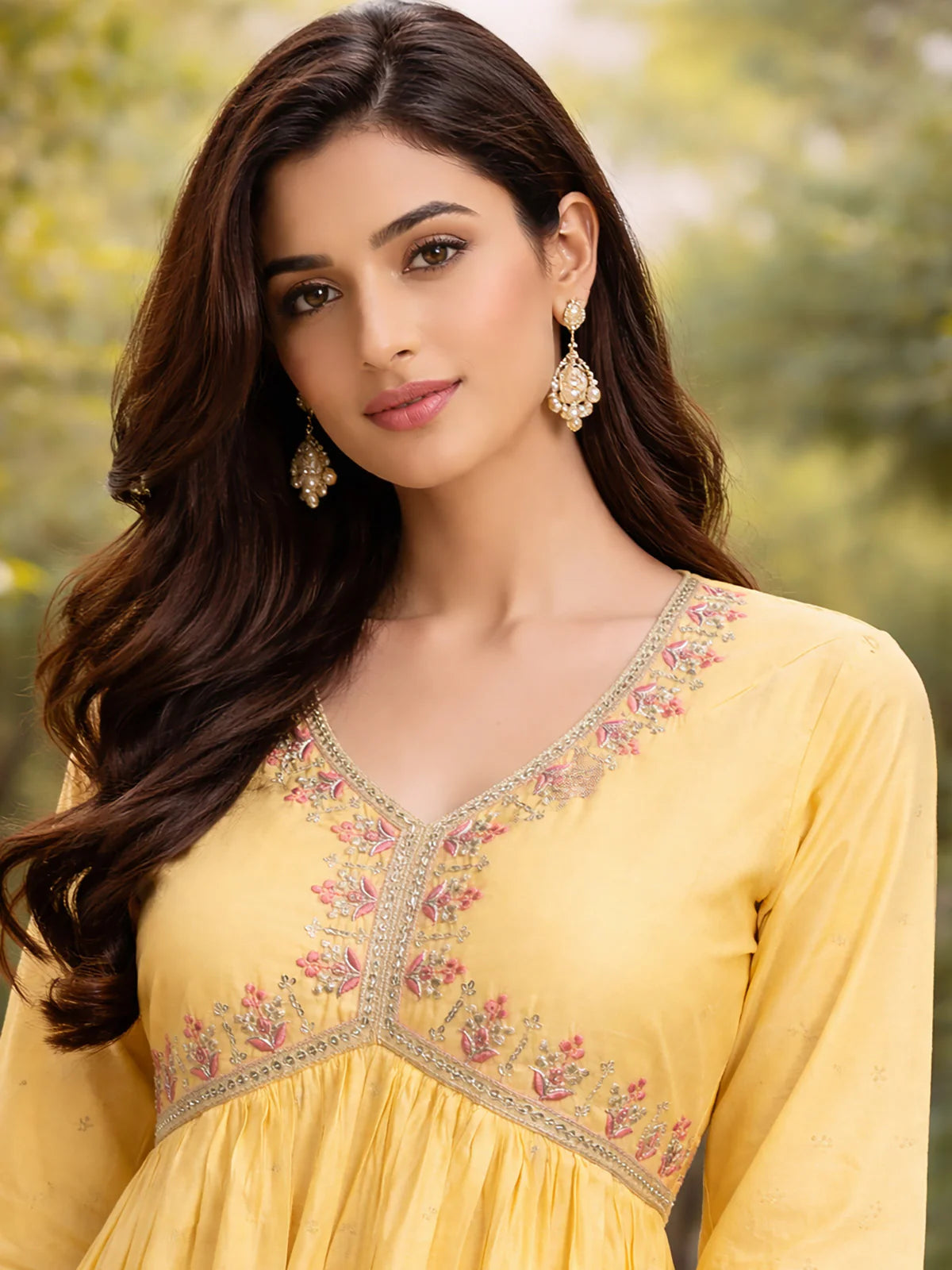 Buy Poly Viscose Embroidered Flared Calf Length Dress-Yellow