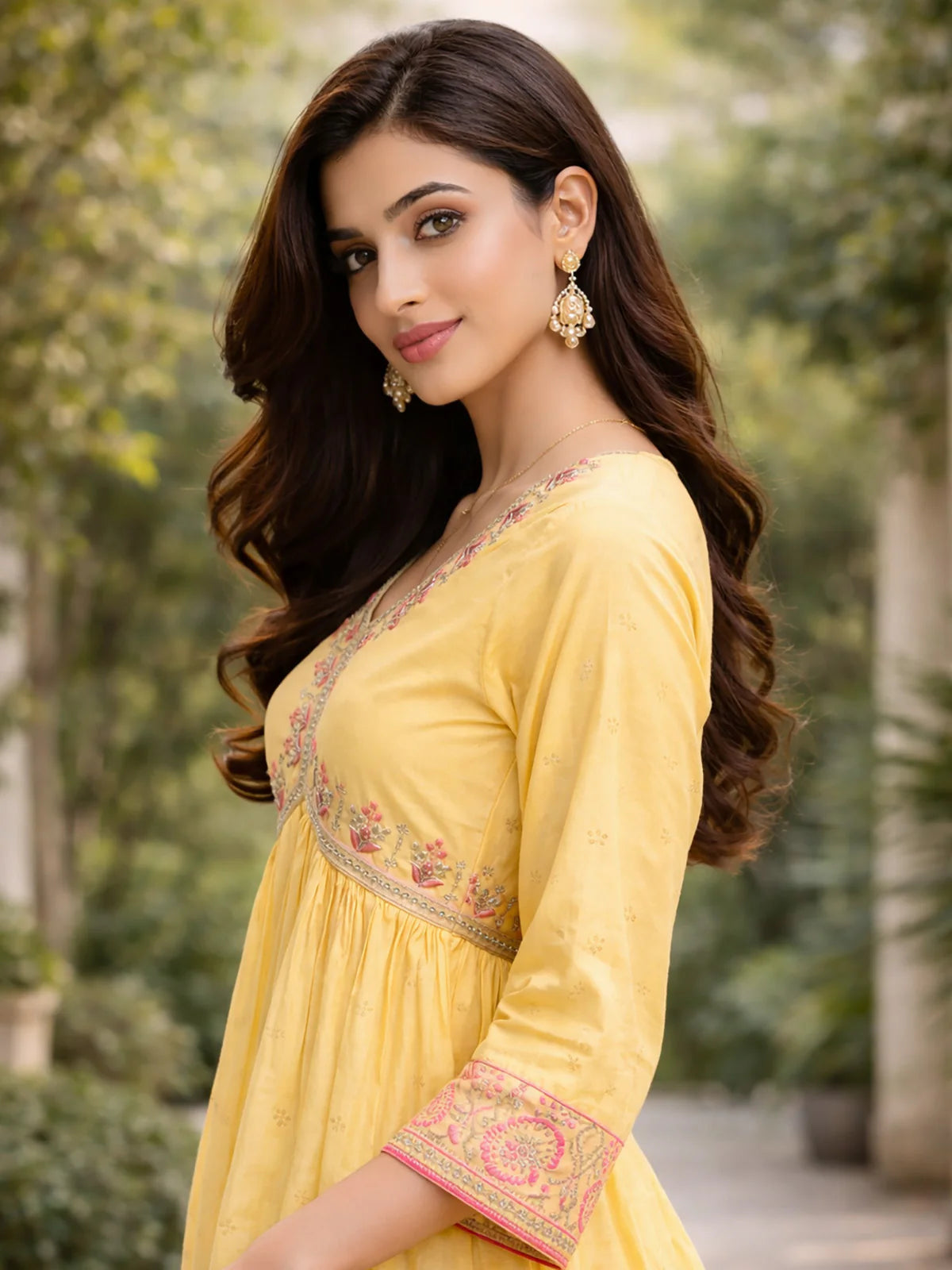 Buy Poly Viscose Embroidered Flared Calf Length Dress-Yellow