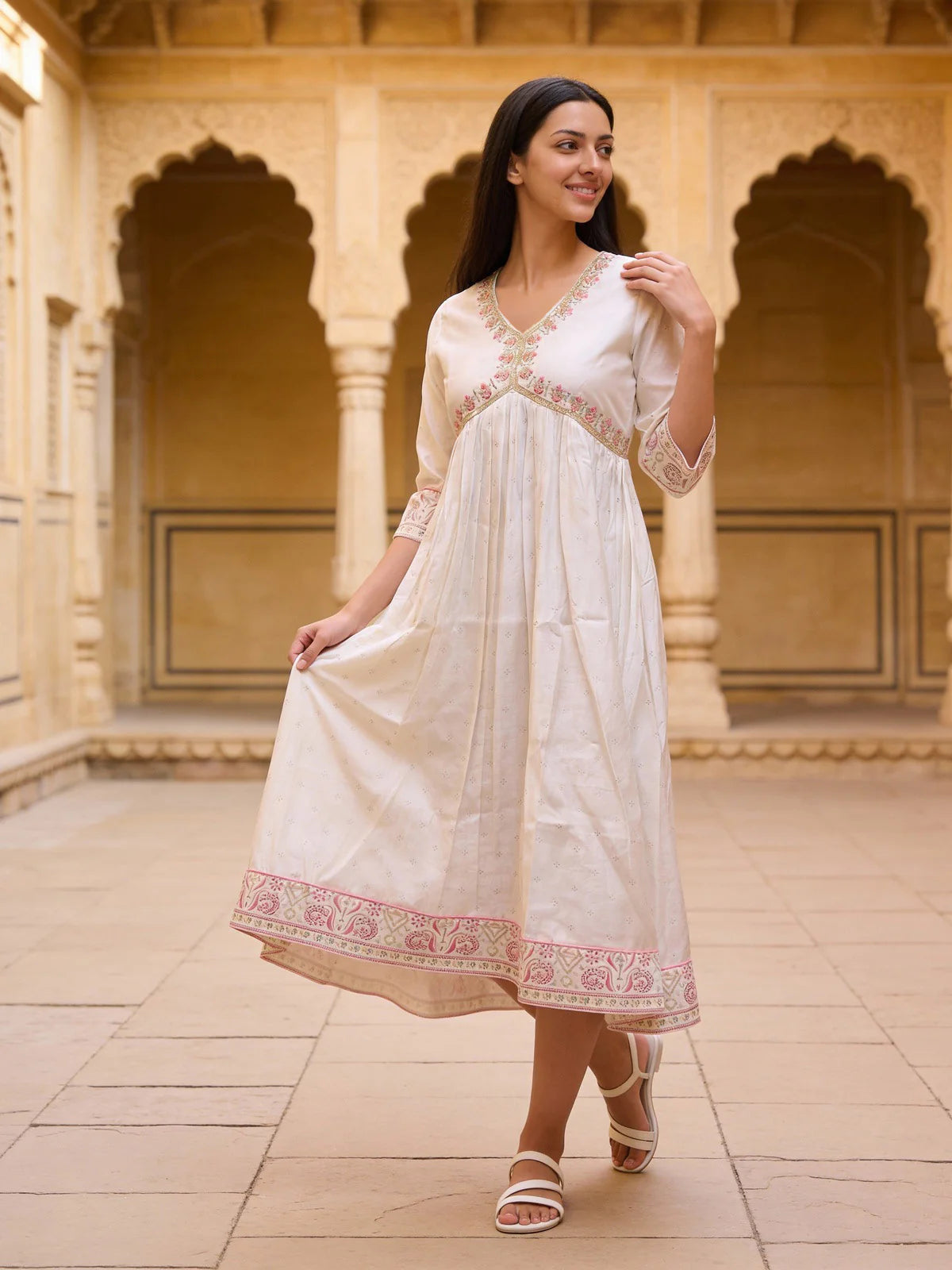 Buy Poly Viscose Embroidered Flared Calf Length Dress-White