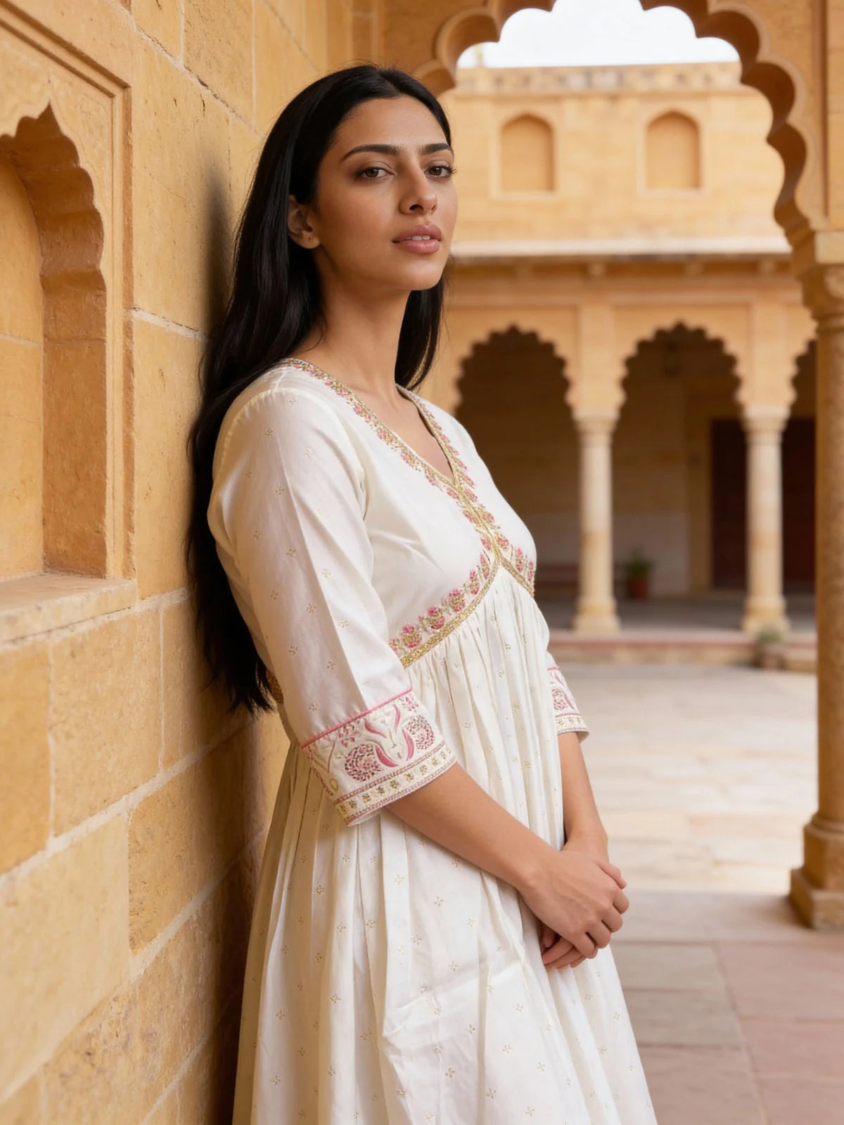 Buy Poly Viscose Embroidered Flared Calf Length Dress-White