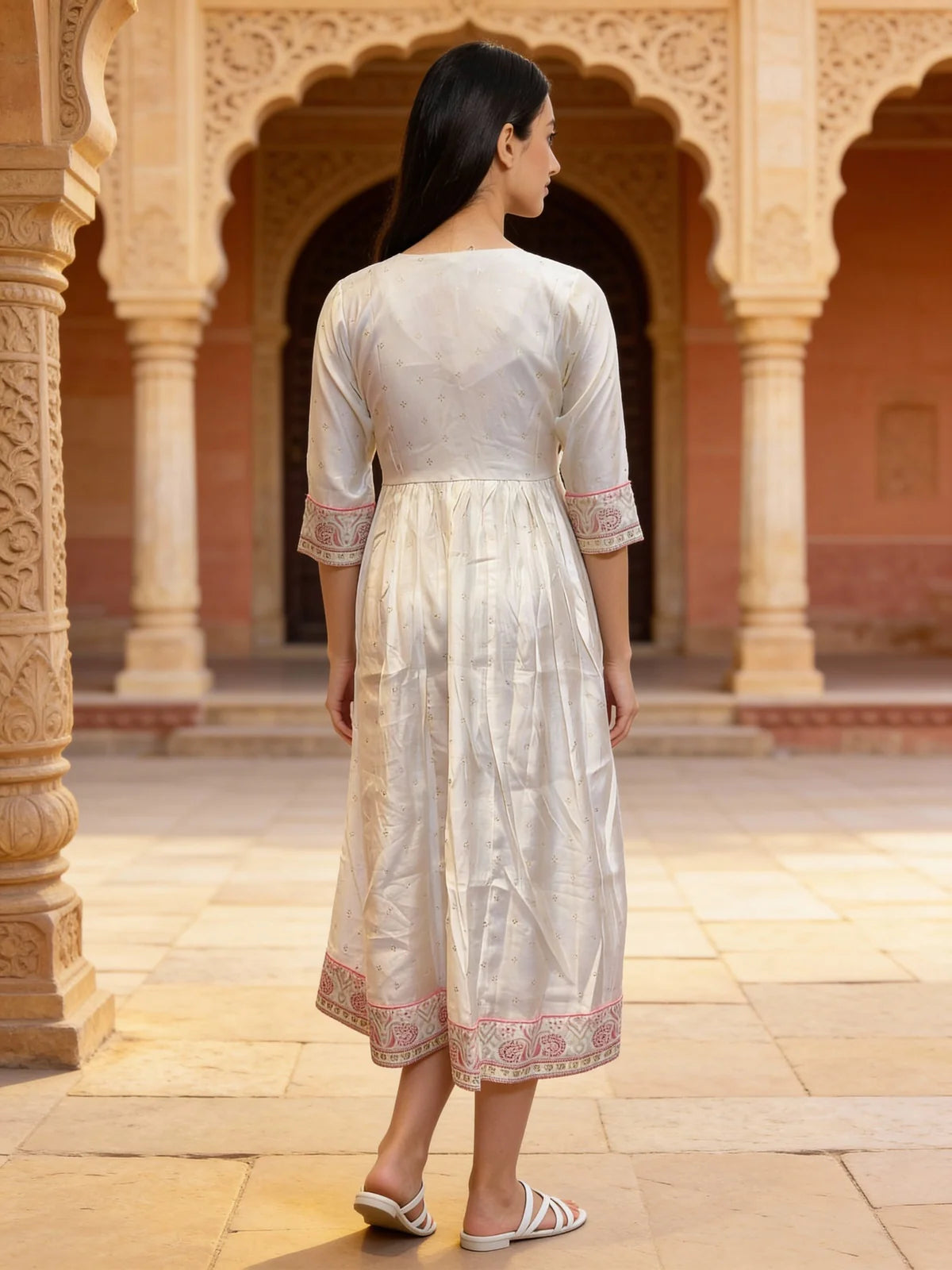 Buy Poly Viscose Embroidered Flared Calf Length Dress-White