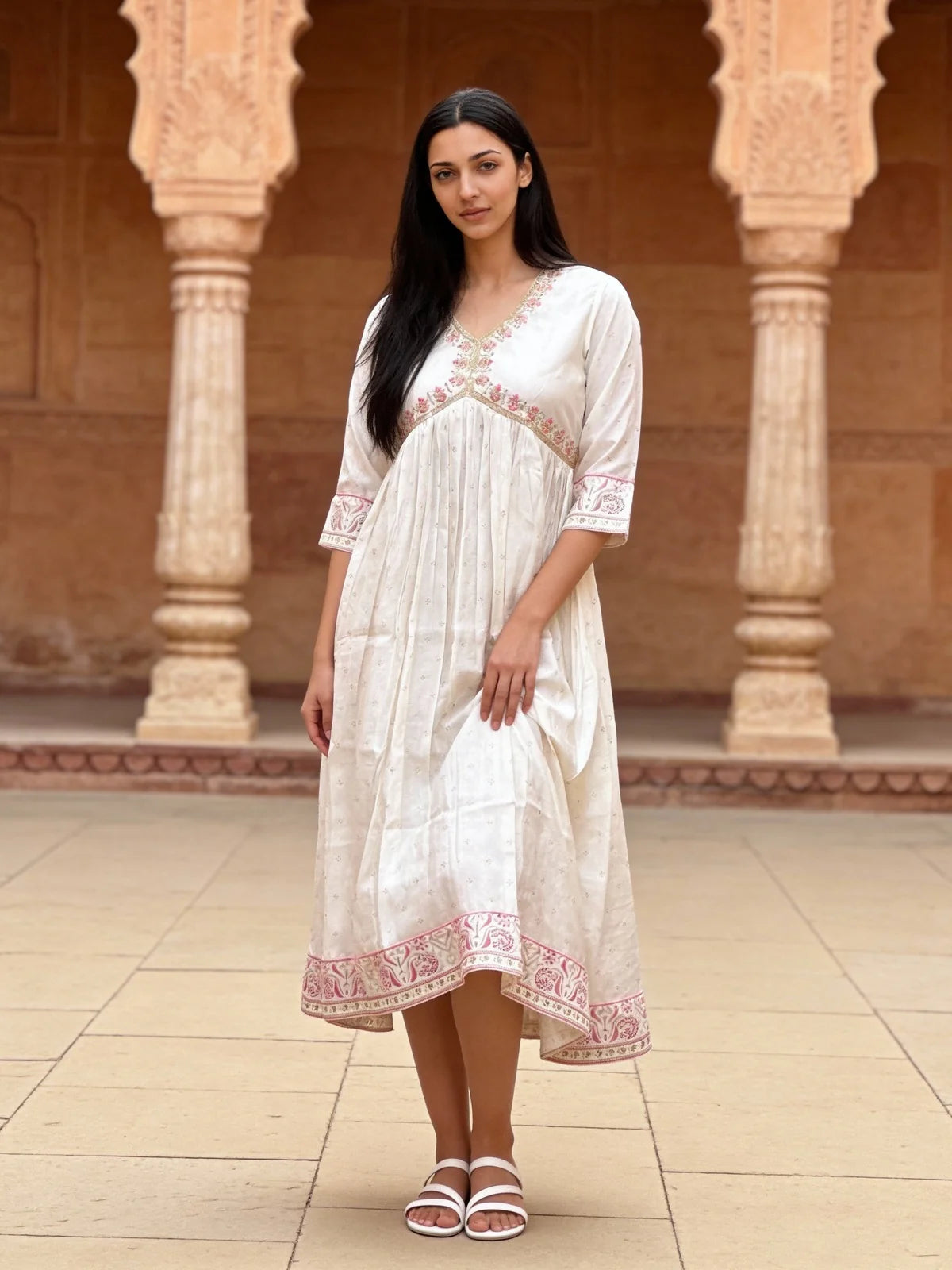 Buy Poly Viscose Embroidered Flared Calf Length Dress-White