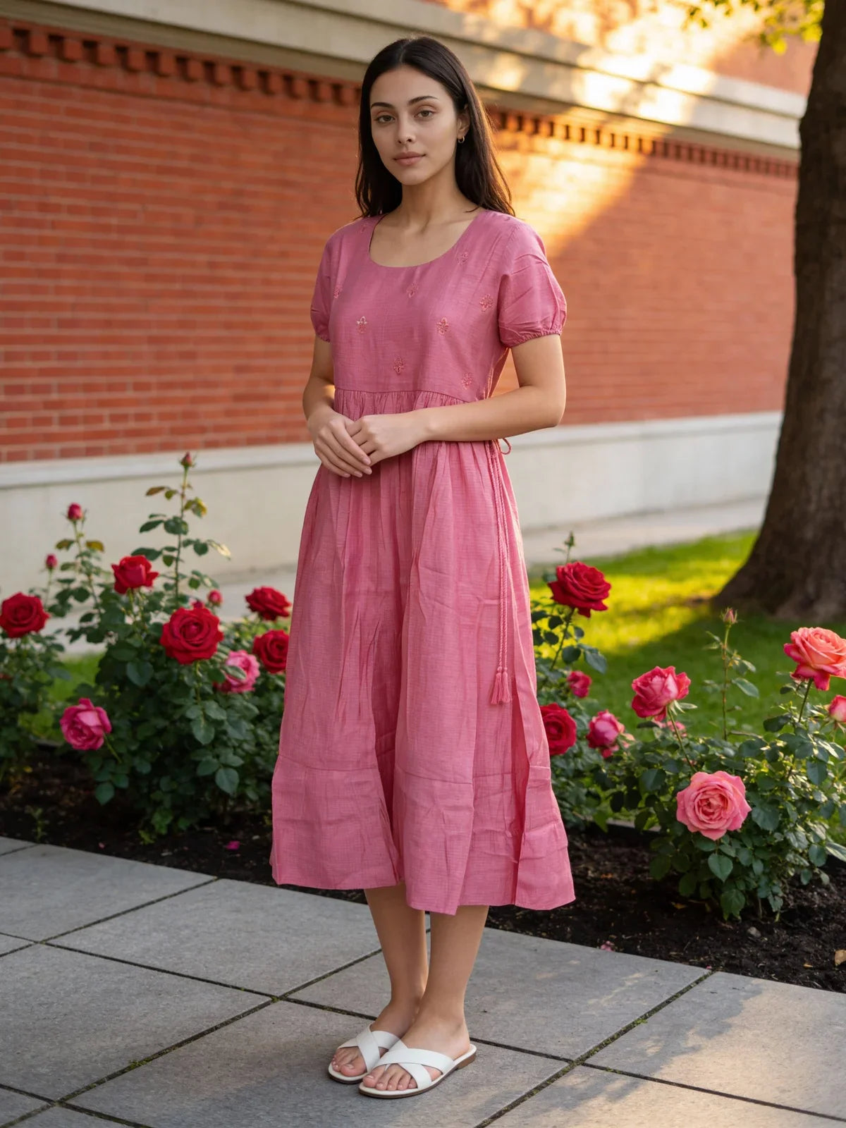 Buy Poly Viscose Embroidered Flared Calf Length Dress-Fuchsia