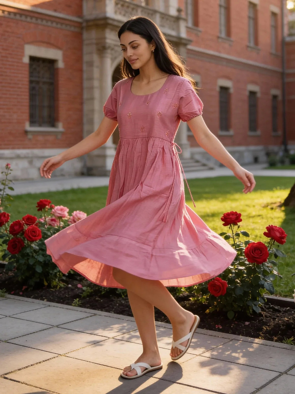 Buy Poly Viscose Embroidered Flared Calf Length Dress-Fuchsia