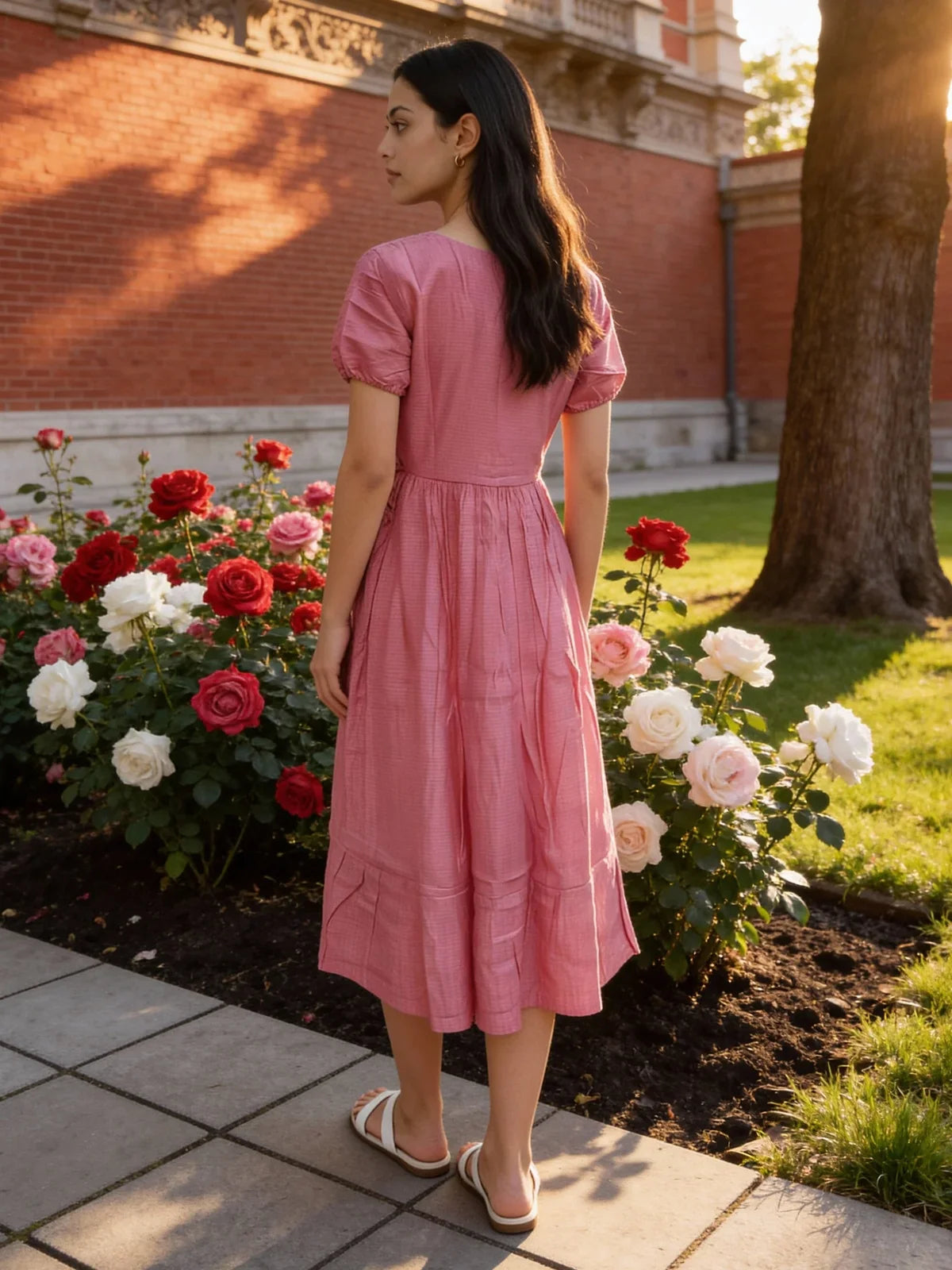 Buy Poly Viscose Embroidered Flared Calf Length Dress-Fuchsia