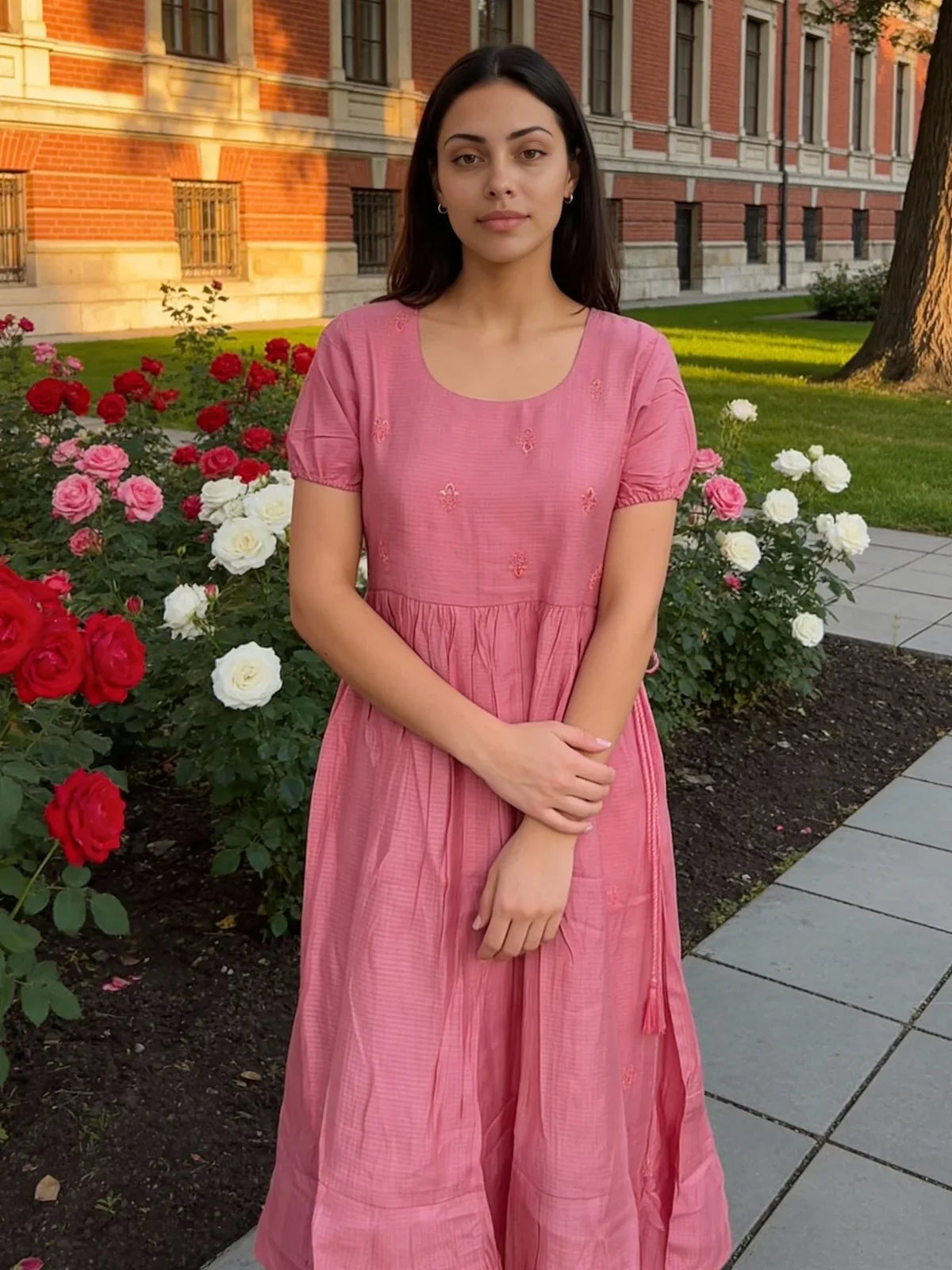 Buy Poly Viscose Embroidered Flared Calf Length Dress-Fuchsia