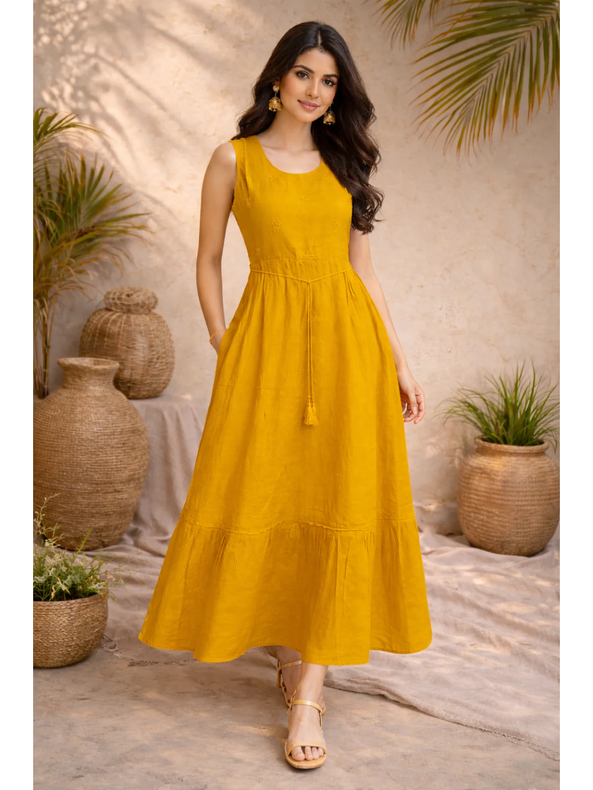Buy Poly Viscose Embroidered Flared Calf Length Dress-Mustard