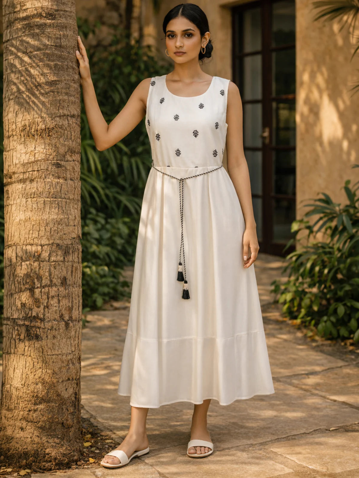 Buy Poly Viscose Embroidered Flared Calf Length Dress-White