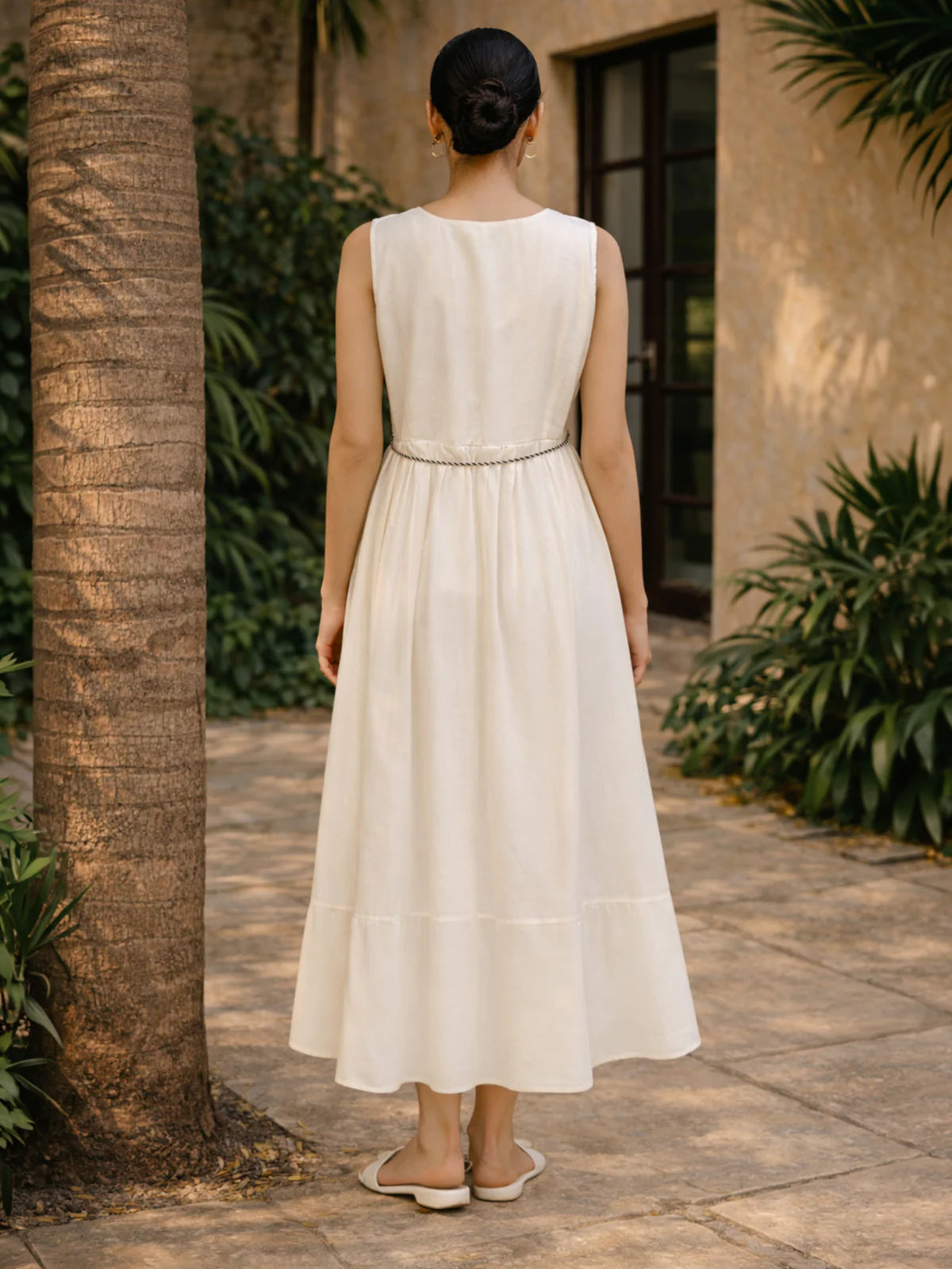 Buy Poly Viscose Embroidered Flared Calf Length Dress-White