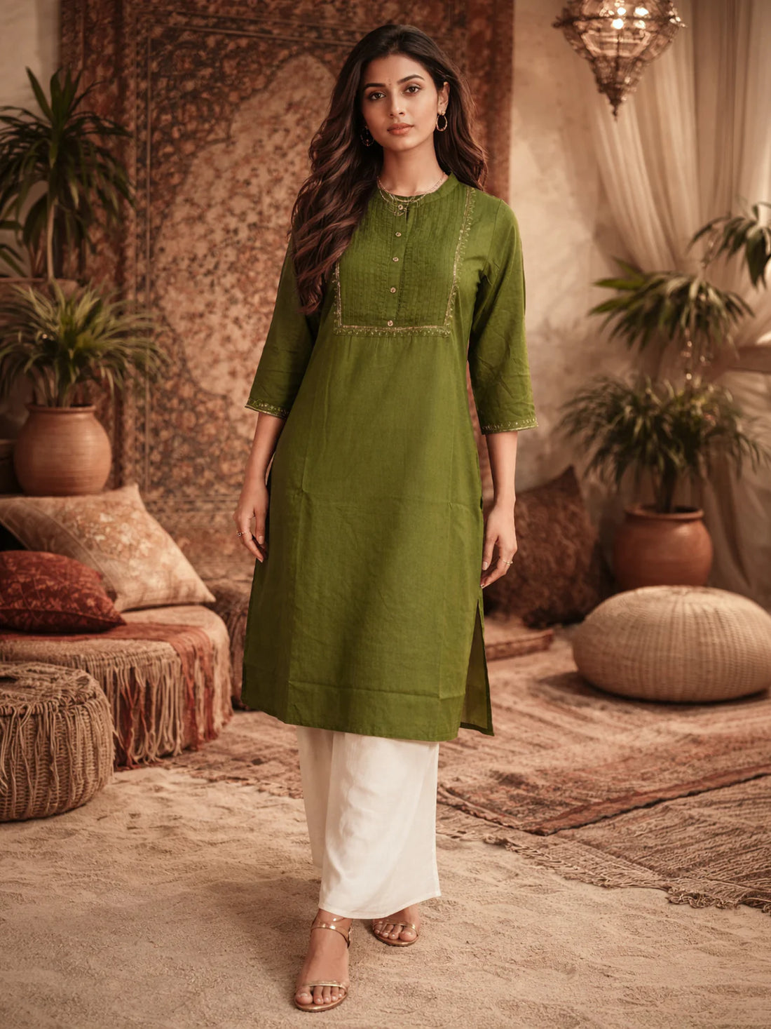 Buy Rayon Embroidered Straight Calf Length Kurta-Olive
