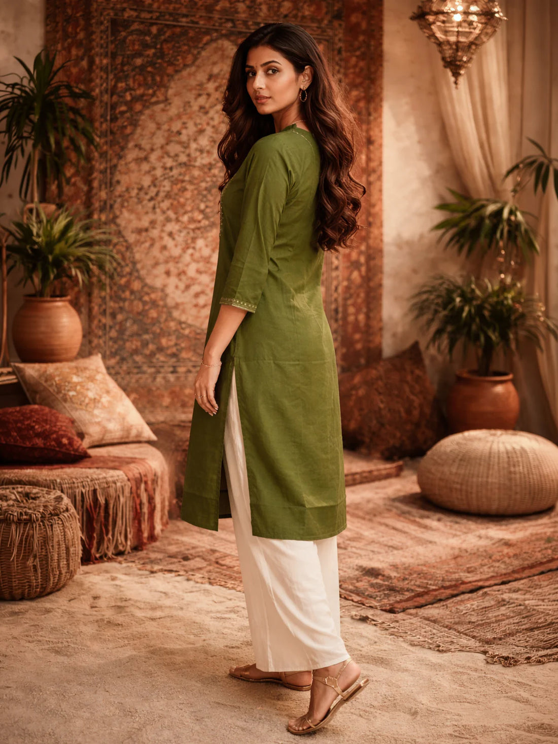 Buy Rayon Embroidered Straight Calf Length Kurta-Olive