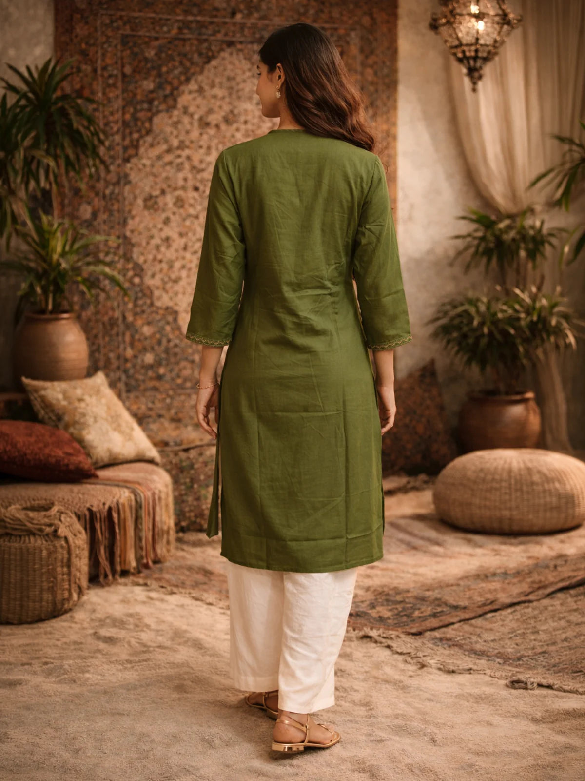 Buy Rayon Embroidered Straight Calf Length Kurta-Olive