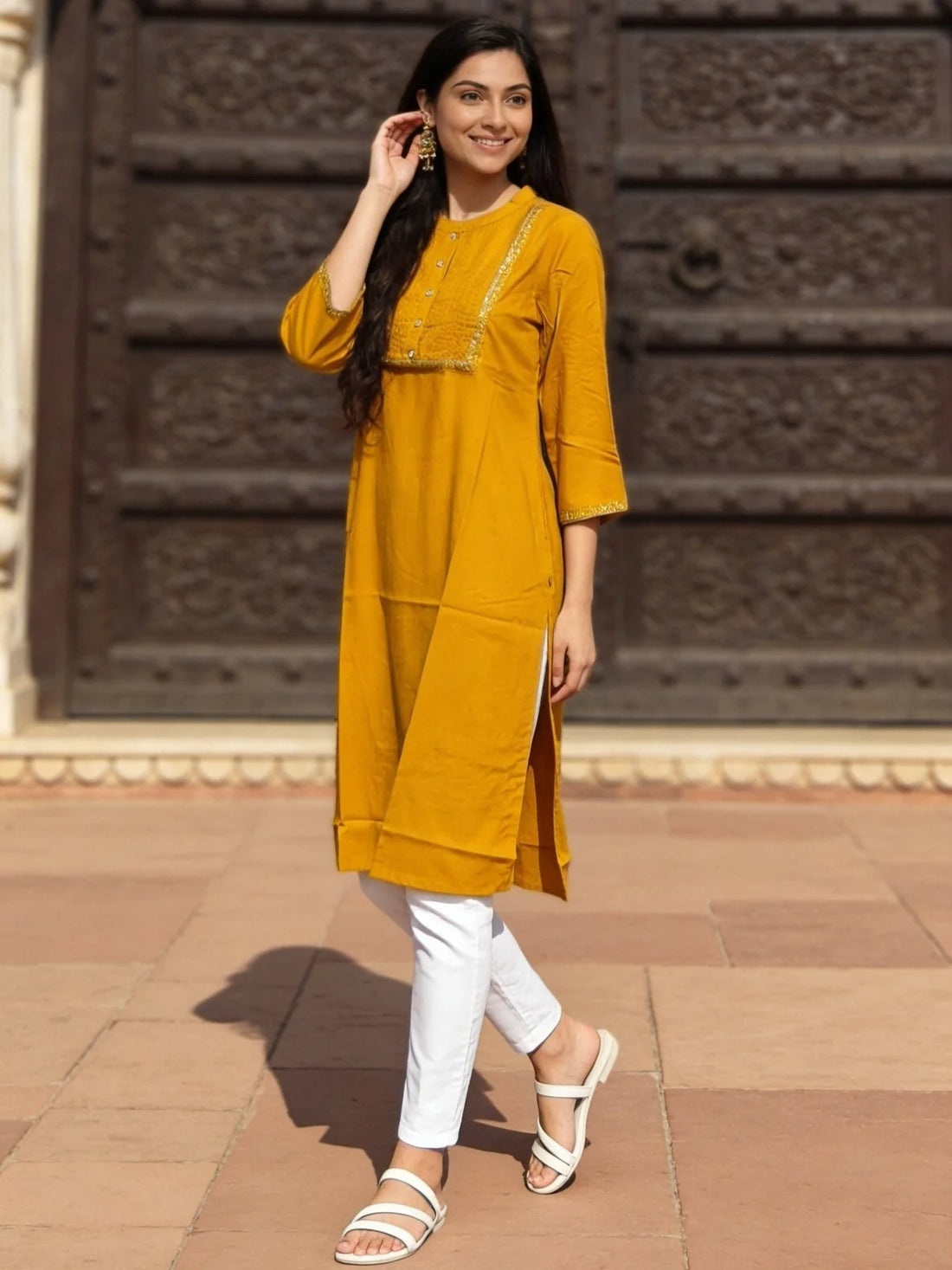 Buy Rayon Embroidered Straight Calf Length Kurta-Mustard