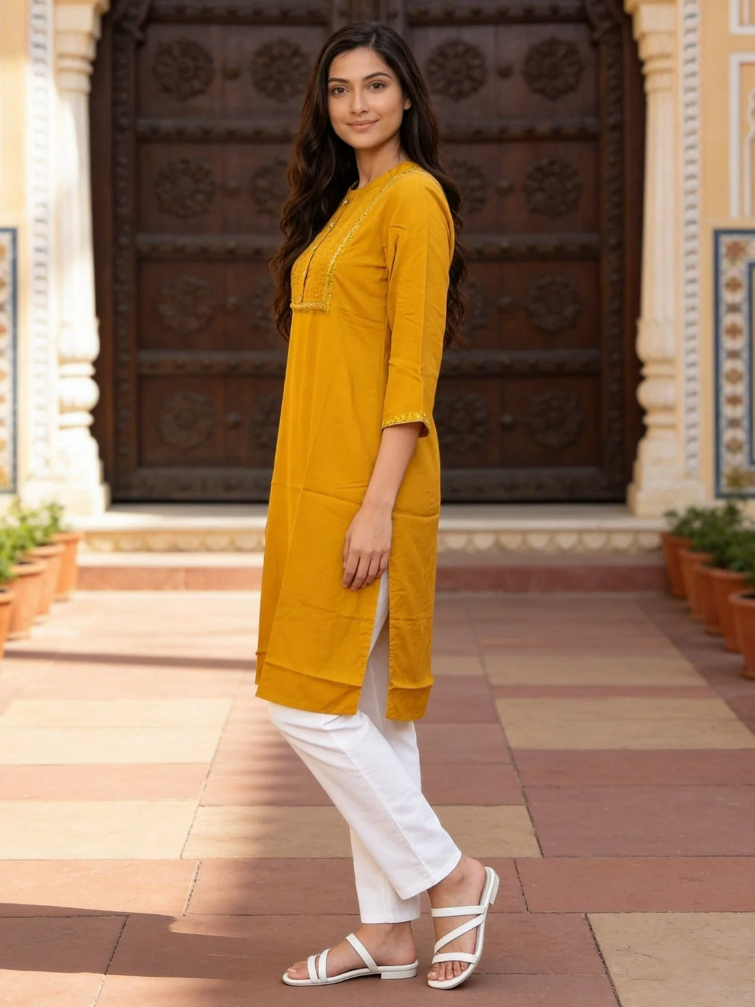 Buy Rayon Embroidered Straight Calf Length Kurta-Mustard